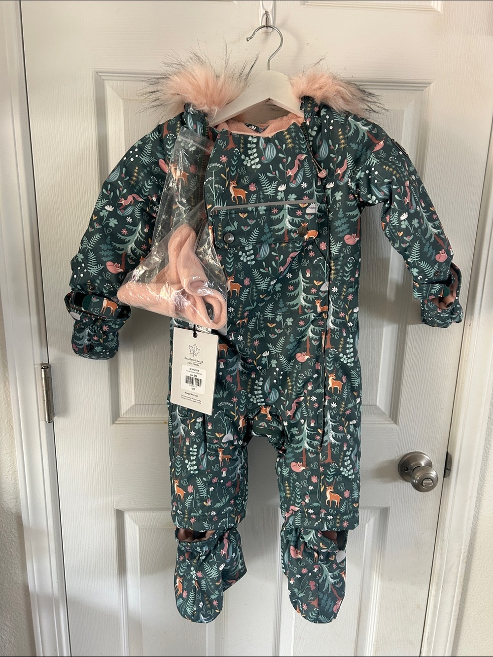 deux par deux 18-24mo Teal Woodland-Print Snowsuit with Pink Fur-Trimmed Hood